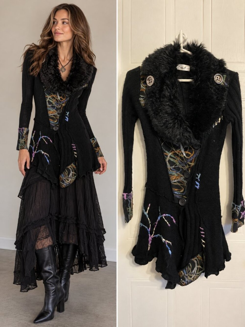 Aris A Black Embroidered Knit Cardigan Faux Fur Collar Whimsigoth S